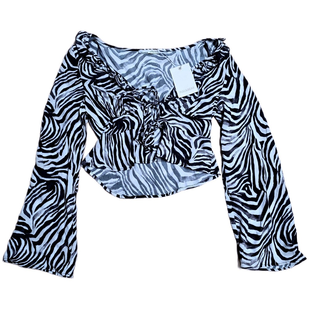 Pull & Bear Zebra Print Ruffle Crop Top Women's Size S Long Sleeve Lace Up NWT